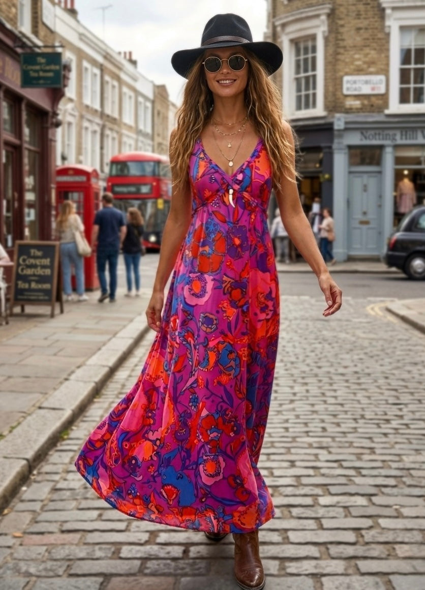 Vintage Psychedelic Print Maxi Dress