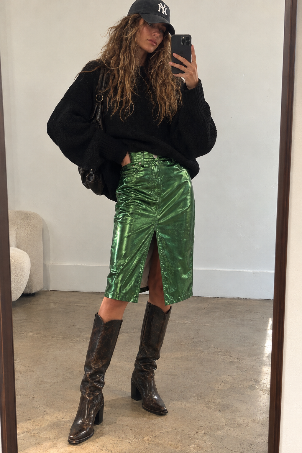 AmyLynn Metallic Emerald Green Midi Skirt