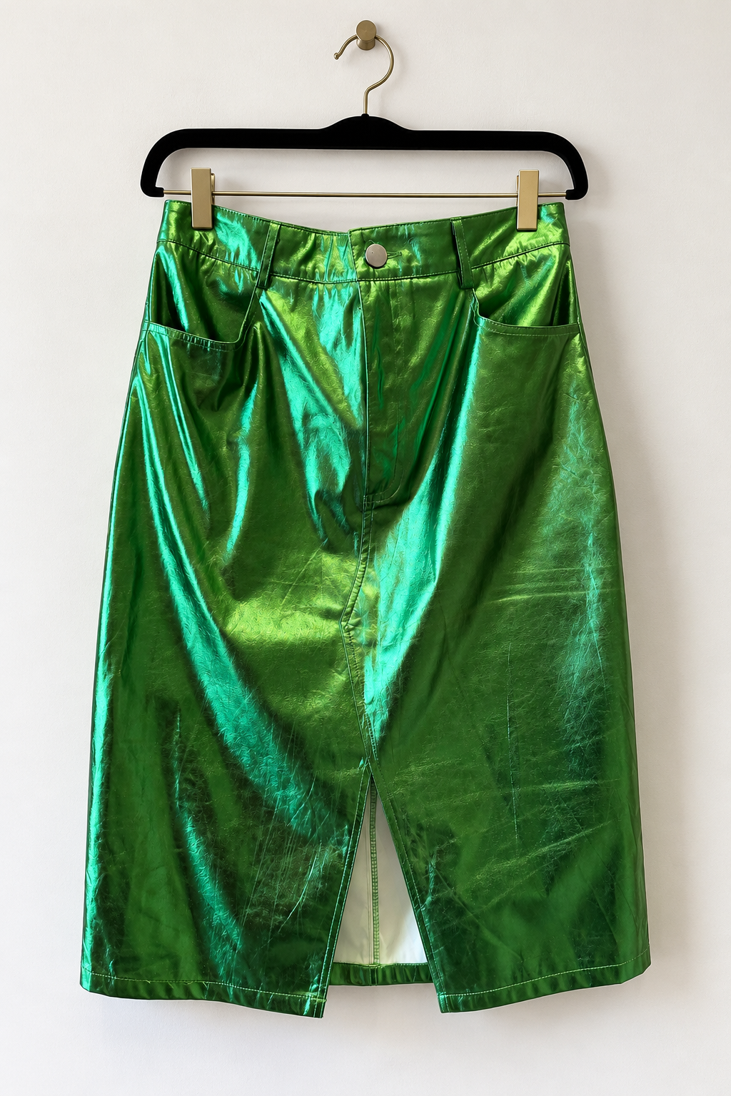 AmyLynn Metallic Emerald Green Midi Skirt