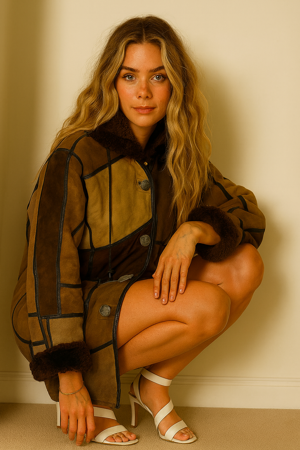 Vintage Patchwork Shearling-Style Coat – Brown Multi