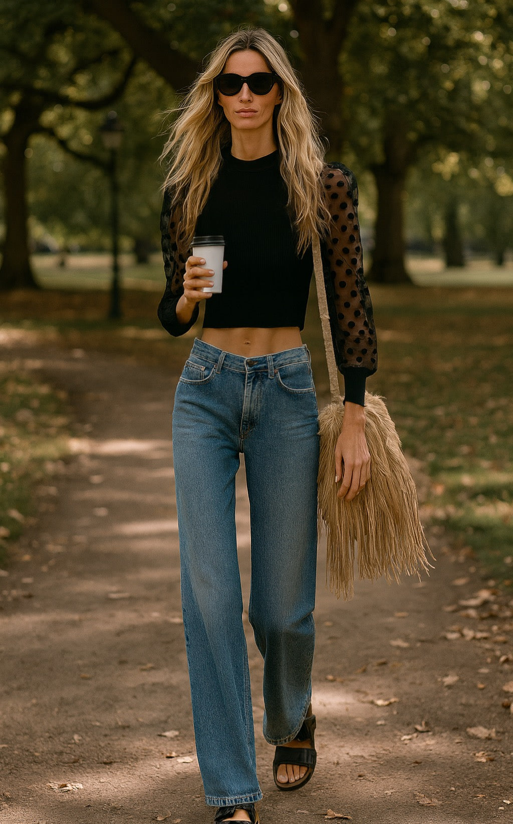 Black Knit Top with Sheer Polka Dot Sleeves