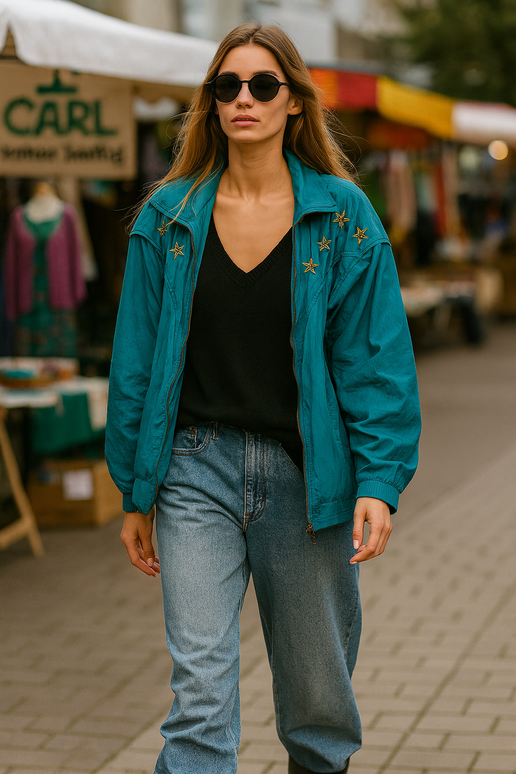 Vintage Teal Star-Embroidered Windbreaker Jacket