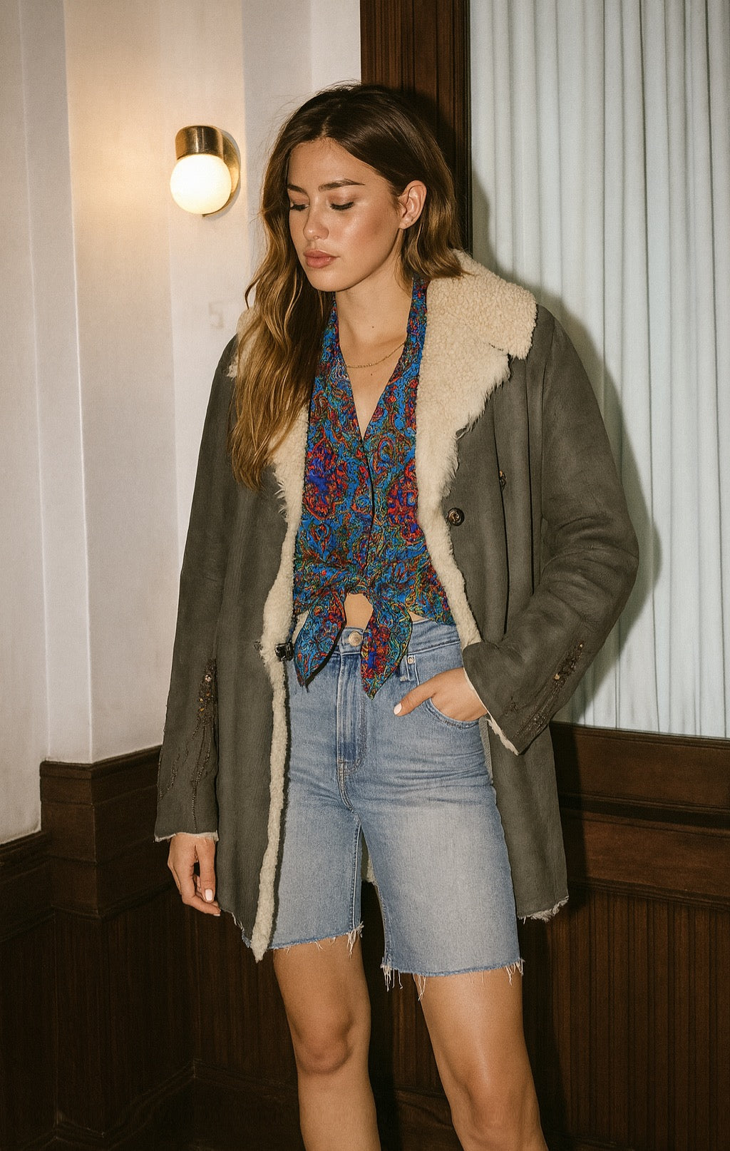 Vintage Napa Shearling Leather Coat with Beaded Detailing