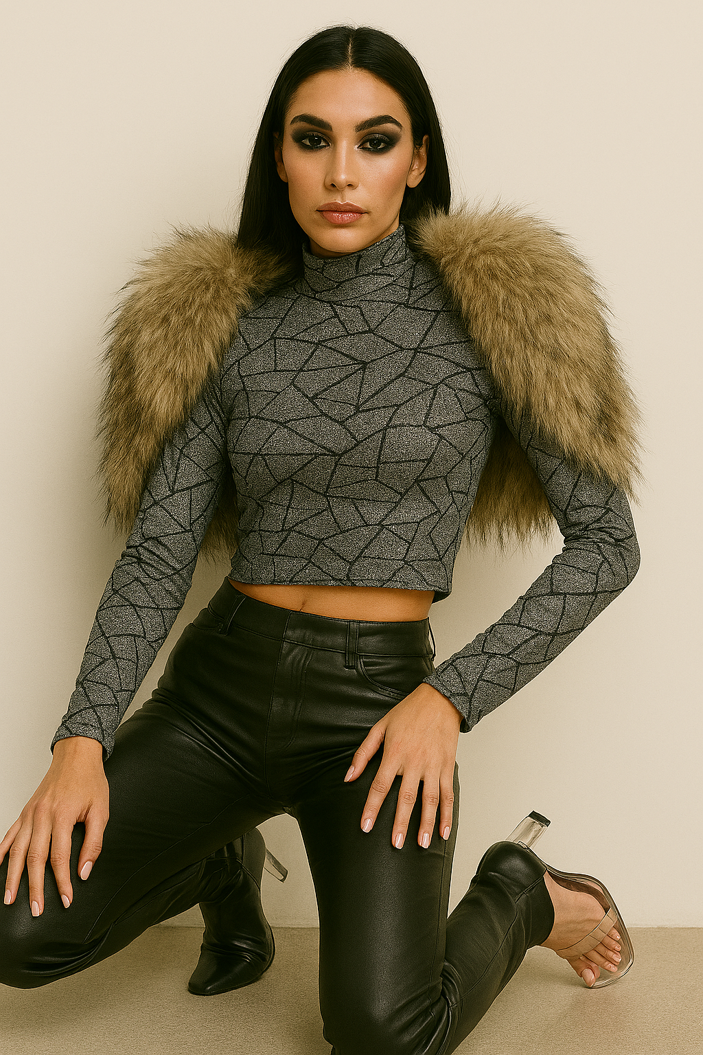 Vintage Abstract Graphic Cropped Long Sleeve – Charcoal/Black