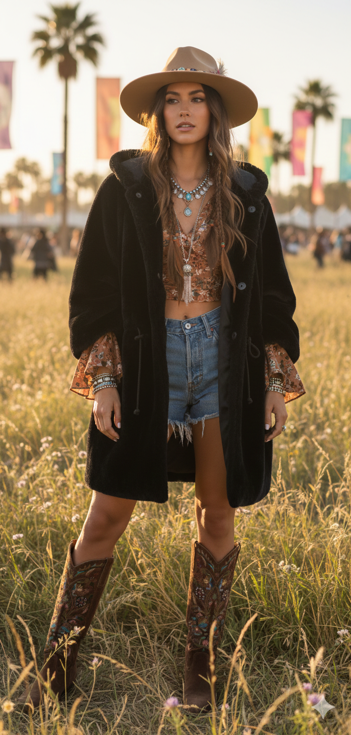 Black Teddy Coat with Hood & Drawstring Waist