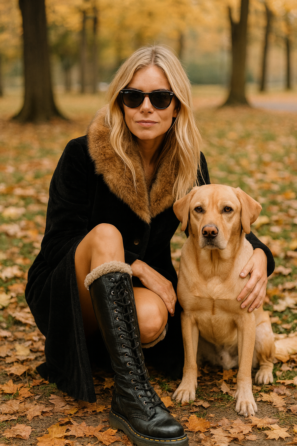 Vintage Borg Royal Black Faux-Fur Coat with Real Fur Collar