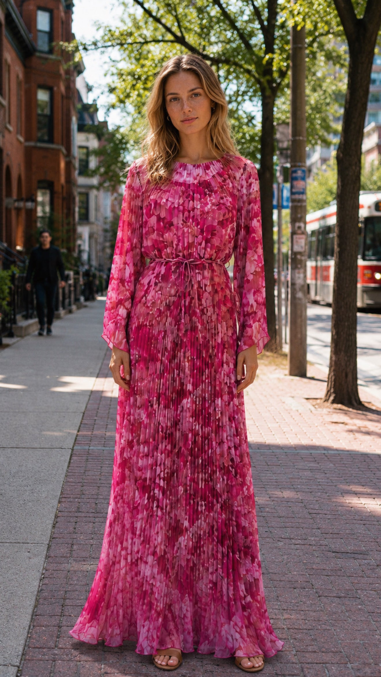Vintage Pink Pleated Chiffon Maxi Dress