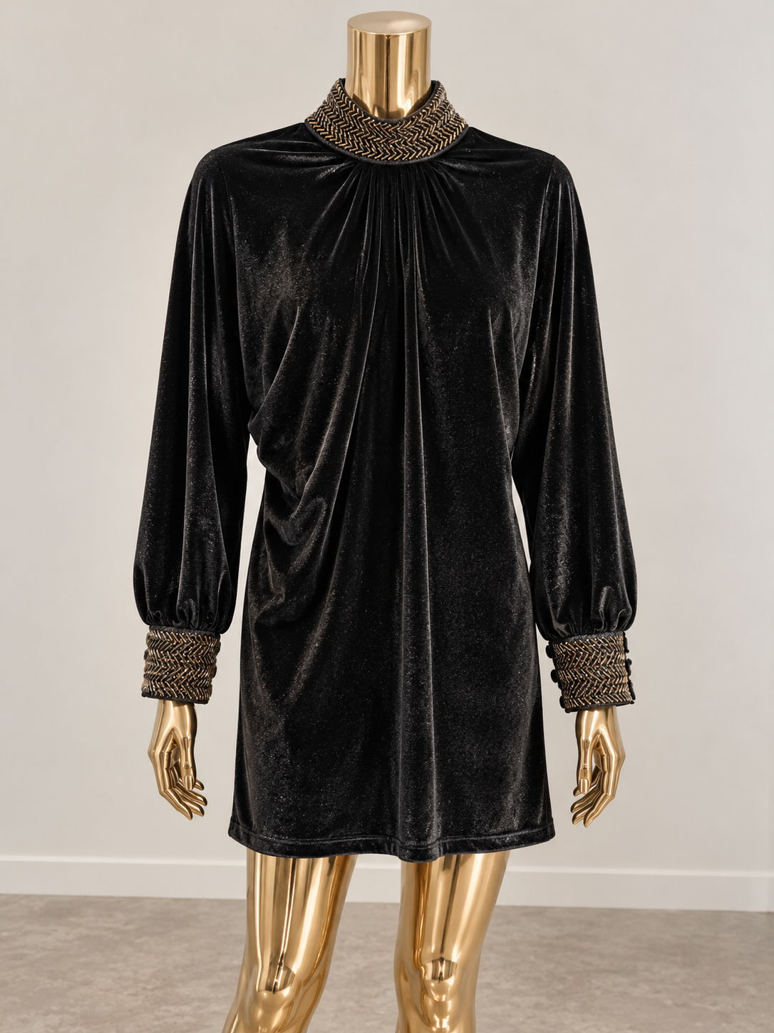 Black Velvet Mini Dress with Beaded Collar & Cuffs